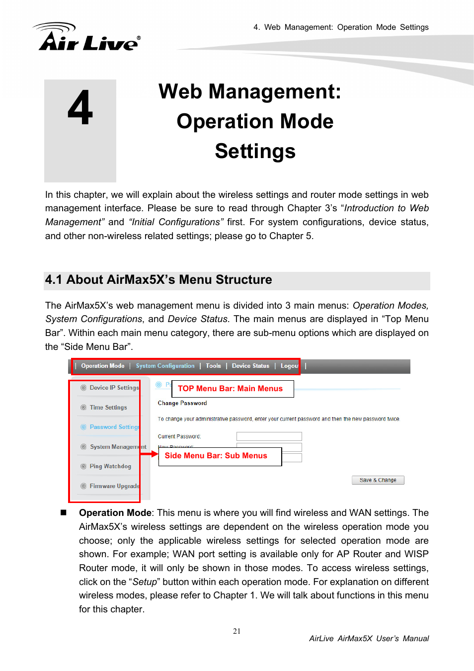 Web management: operation mode settings, 1 about airmax5x’s menu structure | AirLive AirMax5X User Manual | Page 27 / 91