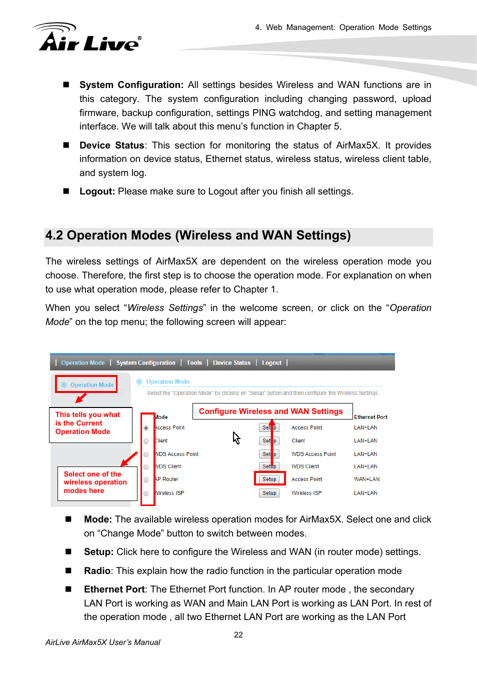2 operation modes (wireless and wan settings) | AirLive AirMax5X User Manual | Page 28 / 91