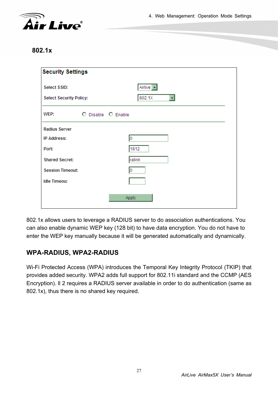 Wpa-radius, wpa2-radius | AirLive AirMax5X User Manual | Page 33 / 91
