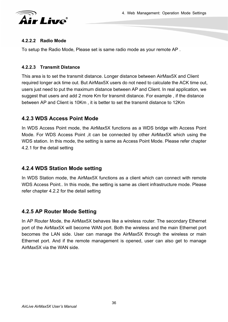 3 wds access point mode, 4 wds station mode setting, 5 ap router mode setting | AirLive AirMax5X User Manual | Page 42 / 91