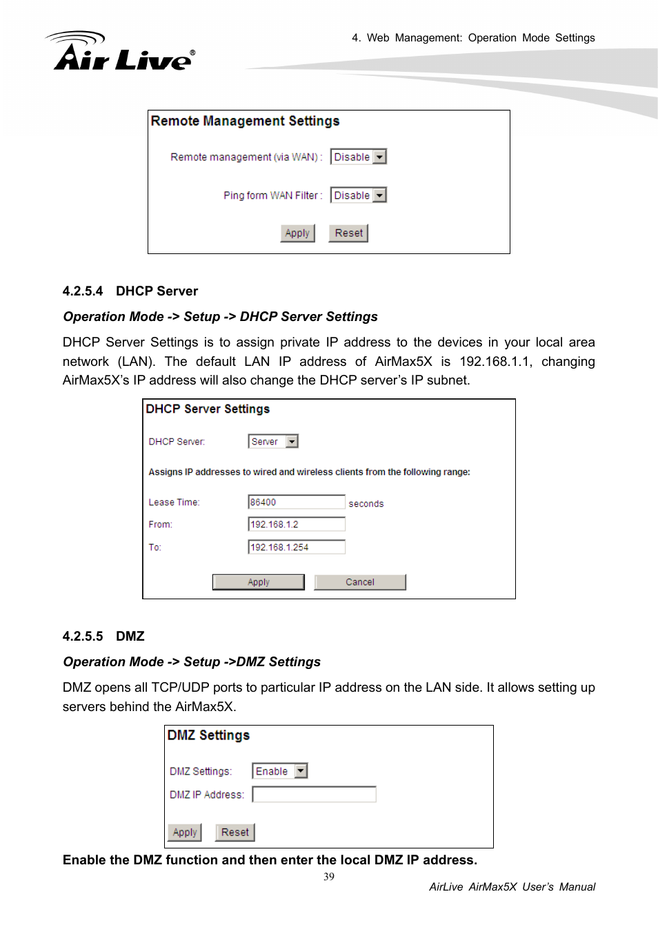 4 dhcp server 4.2.5.5 dmz | AirLive AirMax5X User Manual | Page 45 / 91