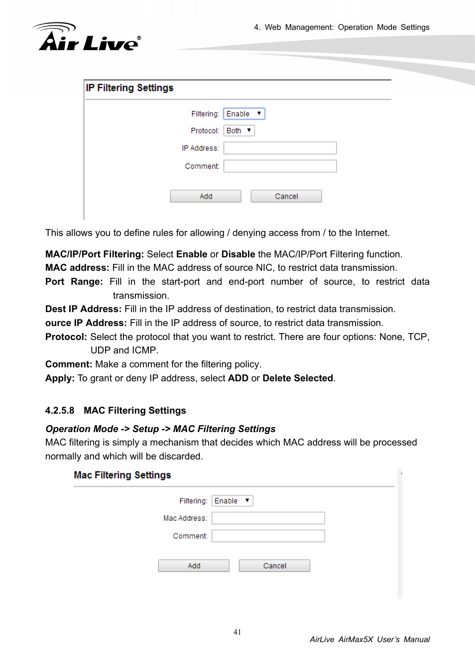 8 mac filtering settings | AirLive AirMax5X User Manual | Page 47 / 91
