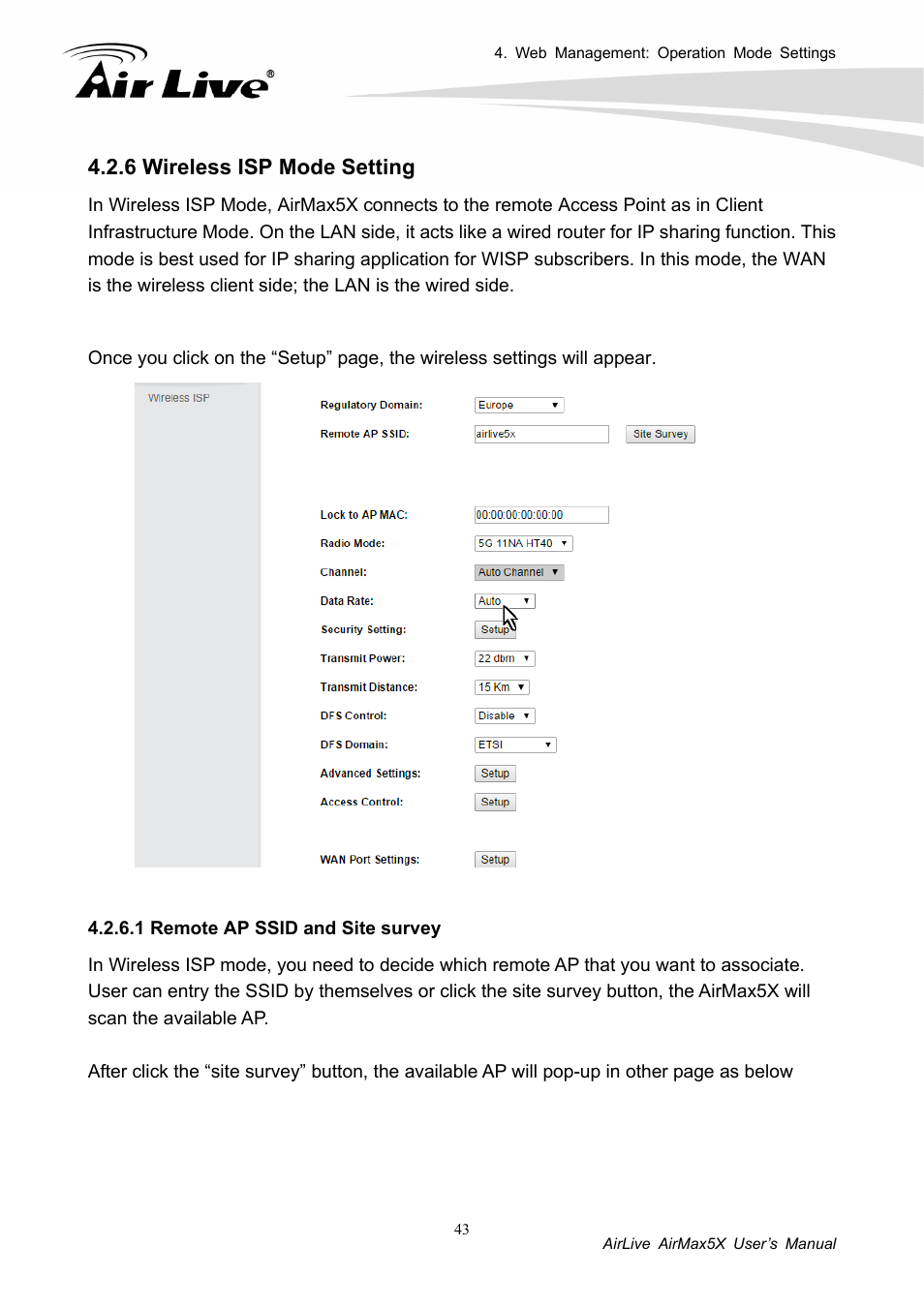 6 wireless isp mode setting, 1 remote ap ssid and site survey | AirLive AirMax5X User Manual | Page 49 / 91