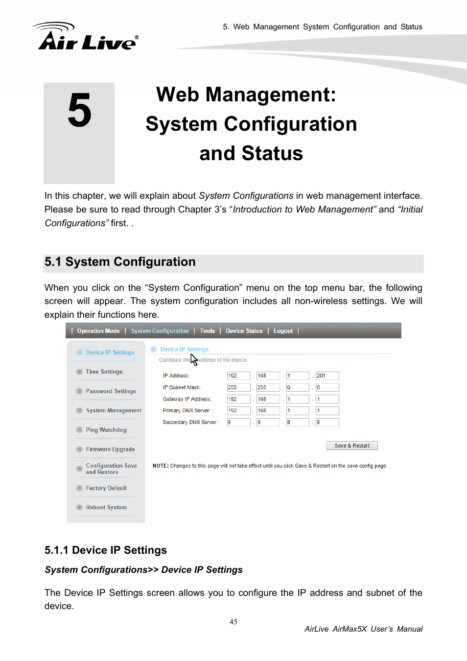 Web management: system configuration and status, 1 system configuration, 1 device ip settings | AirLive AirMax5X User Manual | Page 51 / 91