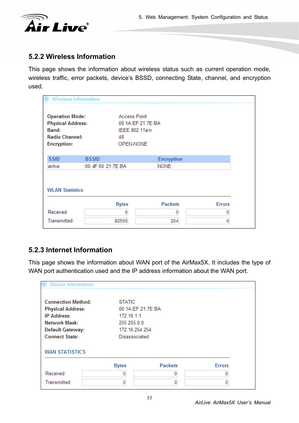 2 wireless information 5.2.3 internet information, 2 wireless information, 3 internet information | AirLive AirMax5X User Manual | Page 59 / 91