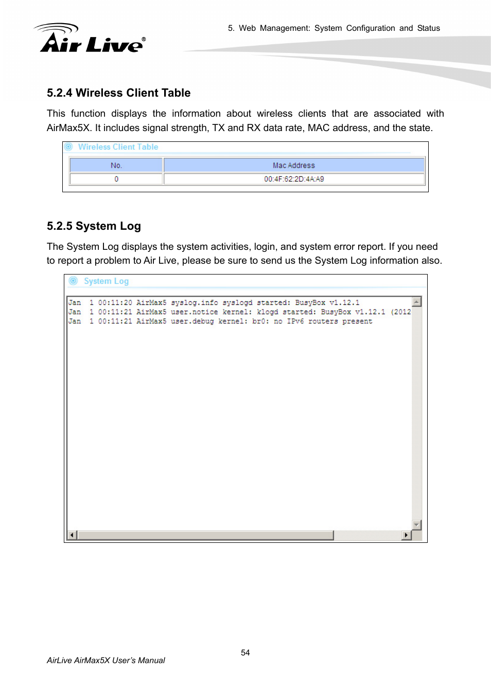 4 wireless client table 5.2.5 system log, 4 wireless client table, 5 system log | AirLive AirMax5X User Manual | Page 60 / 91