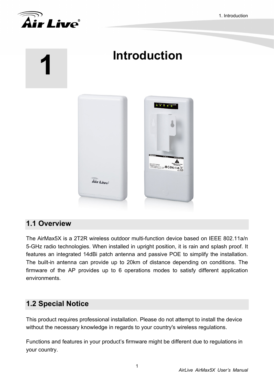 Introduction, 1 overview, 2 special notice | AirLive AirMax5X User Manual | Page 7 / 91