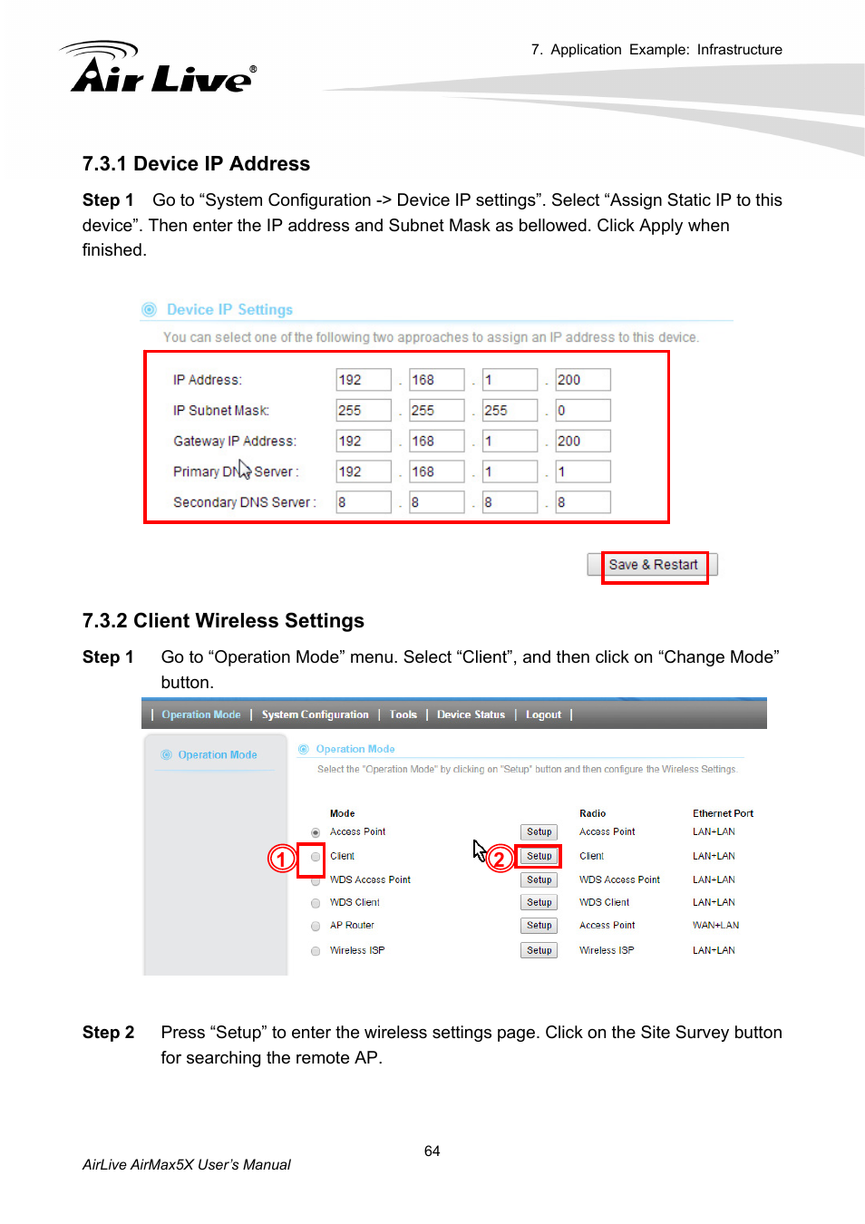 1 device ip address 7.3.2 client wireless settings, 1 device ip address, 2 client wireless settings | AirLive AirMax5X User Manual | Page 70 / 91