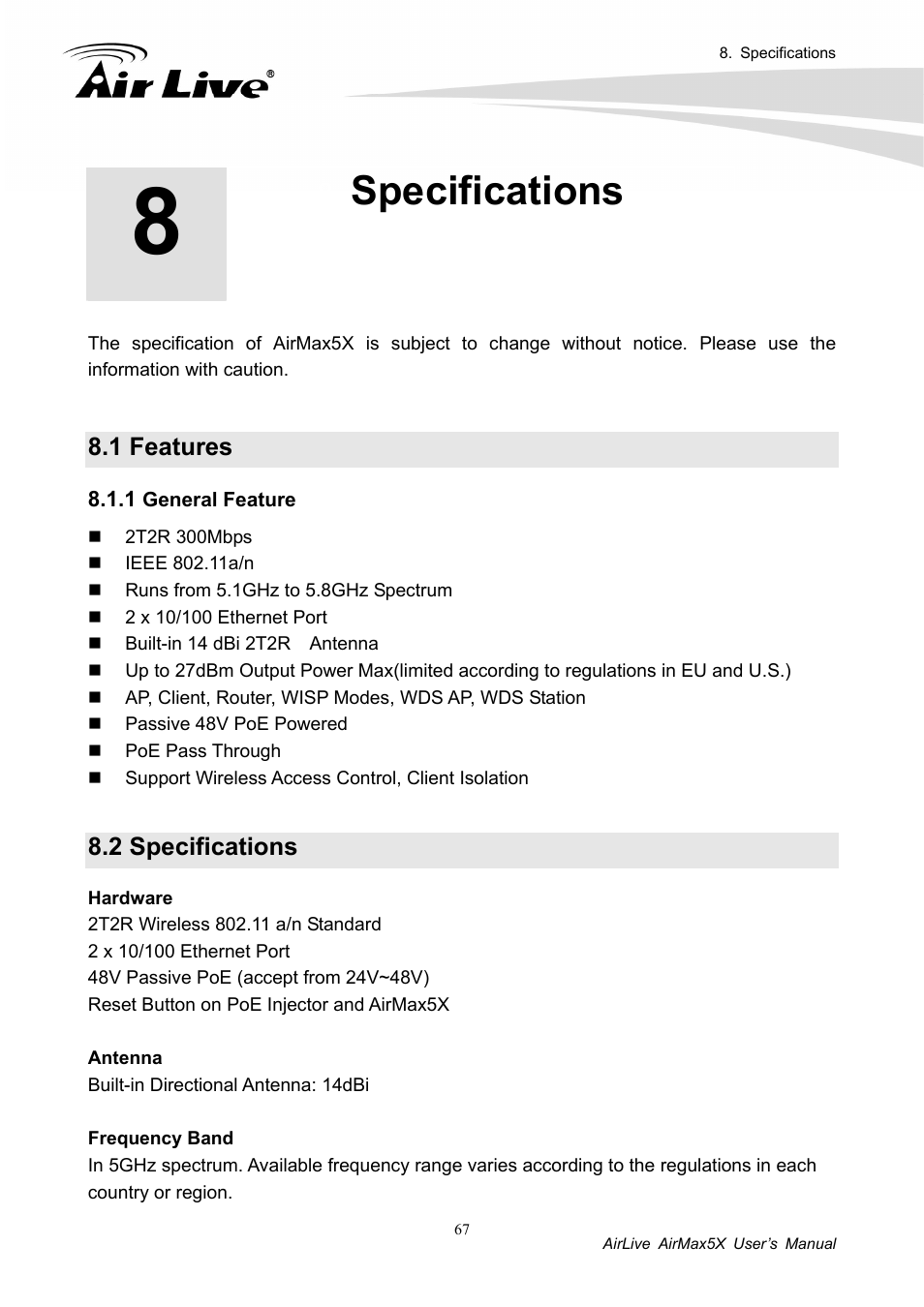 Specifications, 1 features, 2 specifications | 1 general feature | AirLive AirMax5X User Manual | Page 73 / 91