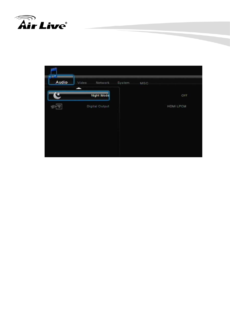 1 setup, Audio/night mode, 1 setup – audio/night mode | AirLive AirMedia-350 User Manual | Page 33 / 89