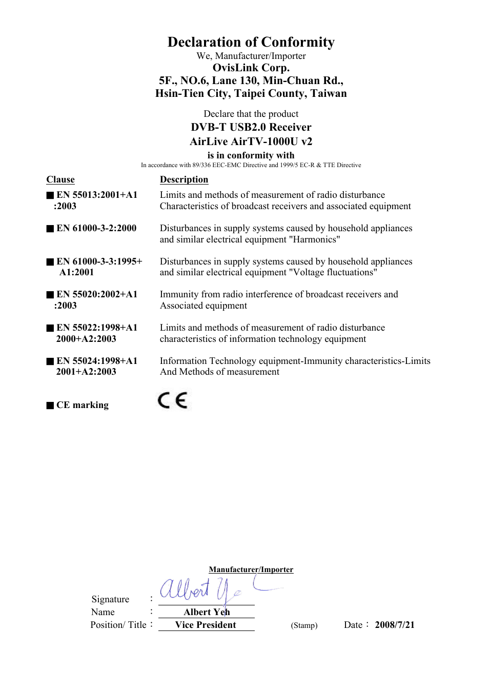 Declaration of conformity | AirLive AirTV-1000U v2 User Manual | Page 2 / 61