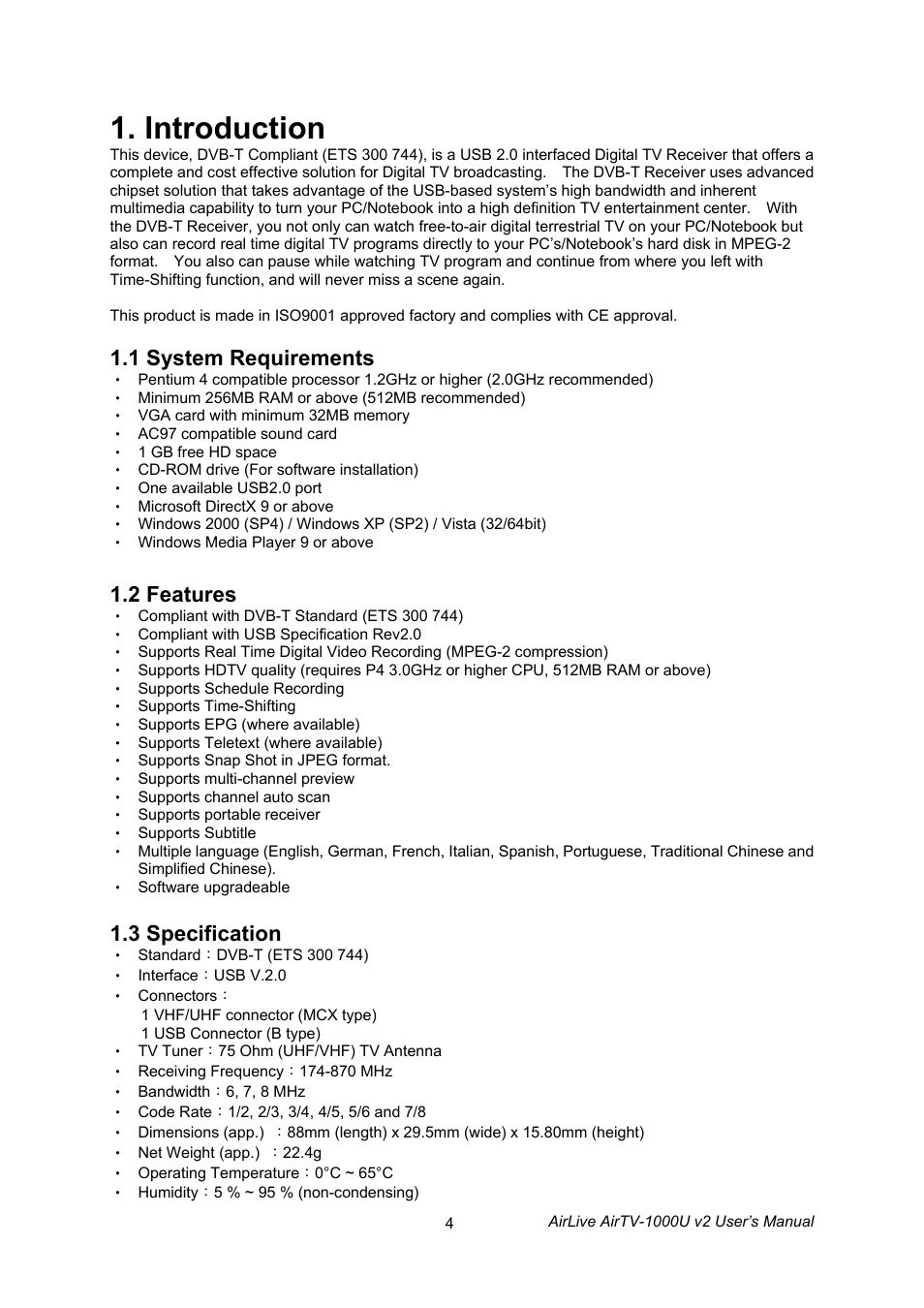 Introduction, 1 system requirements, 2 features | 3 specification | AirLive AirTV-1000U v2 User Manual | Page 7 / 61