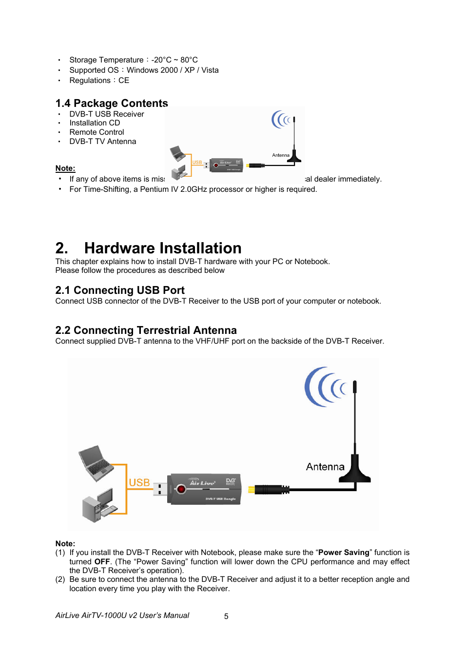 Hardware installation, 4 package contents, 1 connecting usb port | 2 connecting terrestrial antenna | AirLive AirTV-1000U v2 User Manual | Page 8 / 61