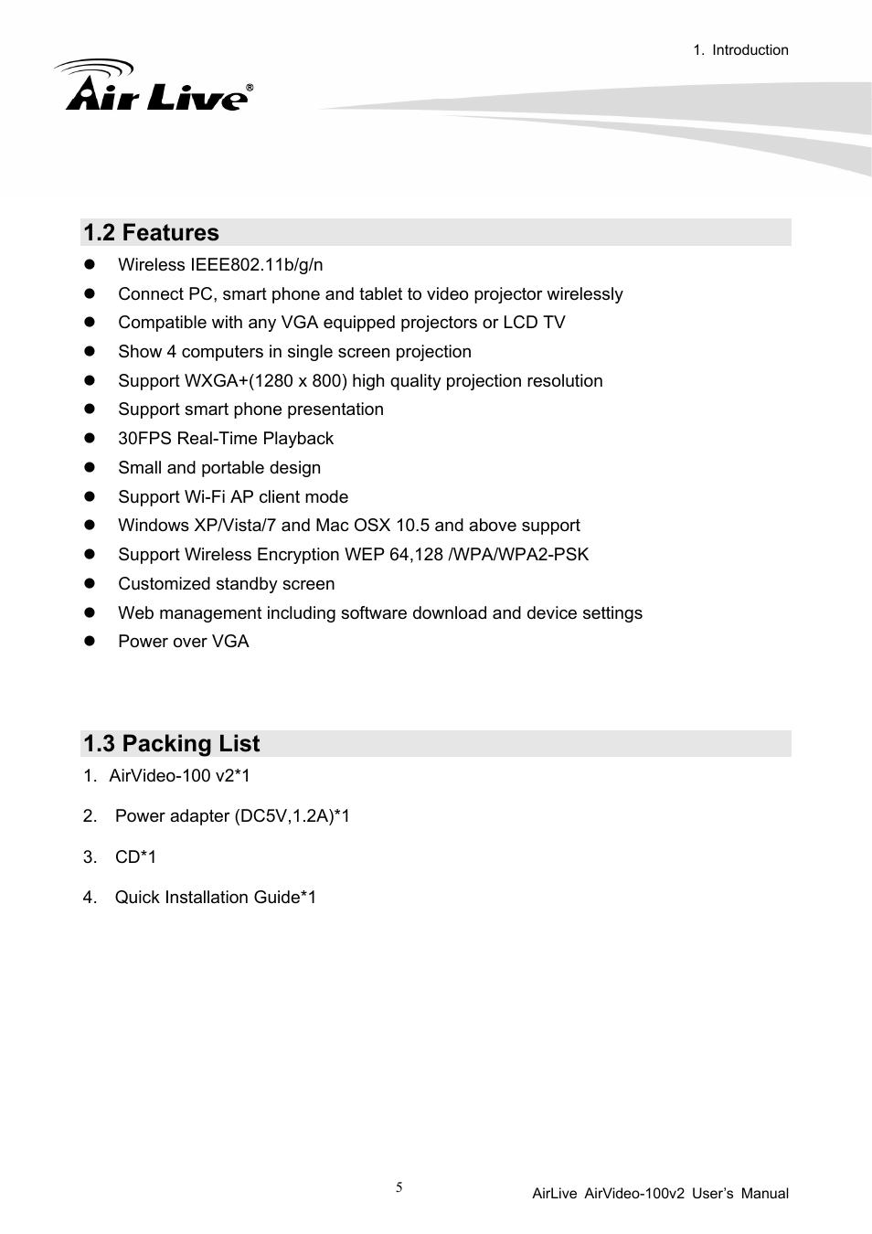 2 features, 3 packing list | AirLive AirVideo-100v2 User Manual | Page 10 / 63