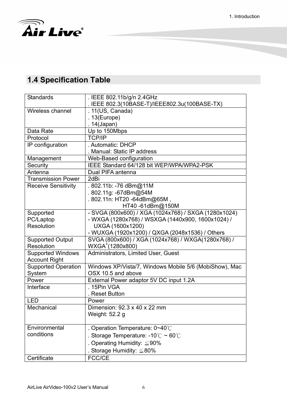 4 specification table, 4 specification, Table | AirLive AirVideo-100v2 User Manual | Page 11 / 63