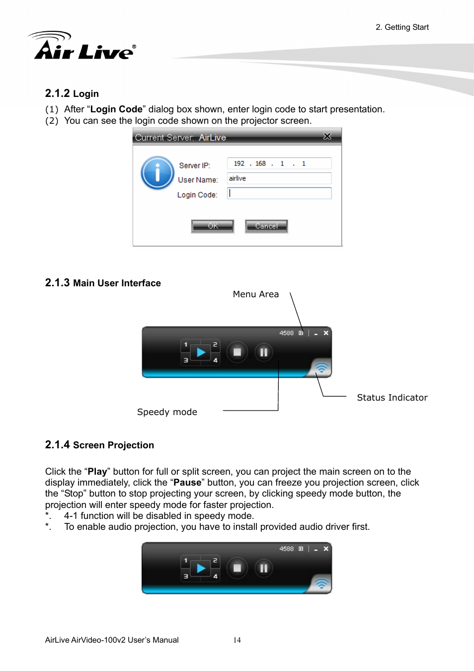 2 login, 3 main user interface, 4 screen projection | AirLive AirVideo-100v2 User Manual | Page 19 / 63