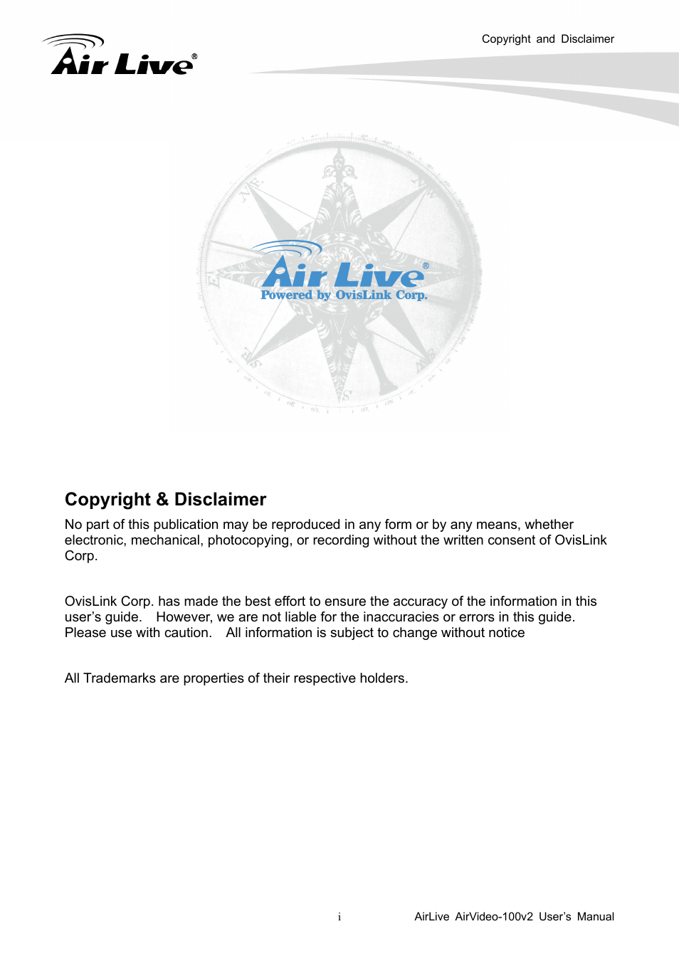Copyright & disclaimer | AirLive AirVideo-100v2 User Manual | Page 2 / 63