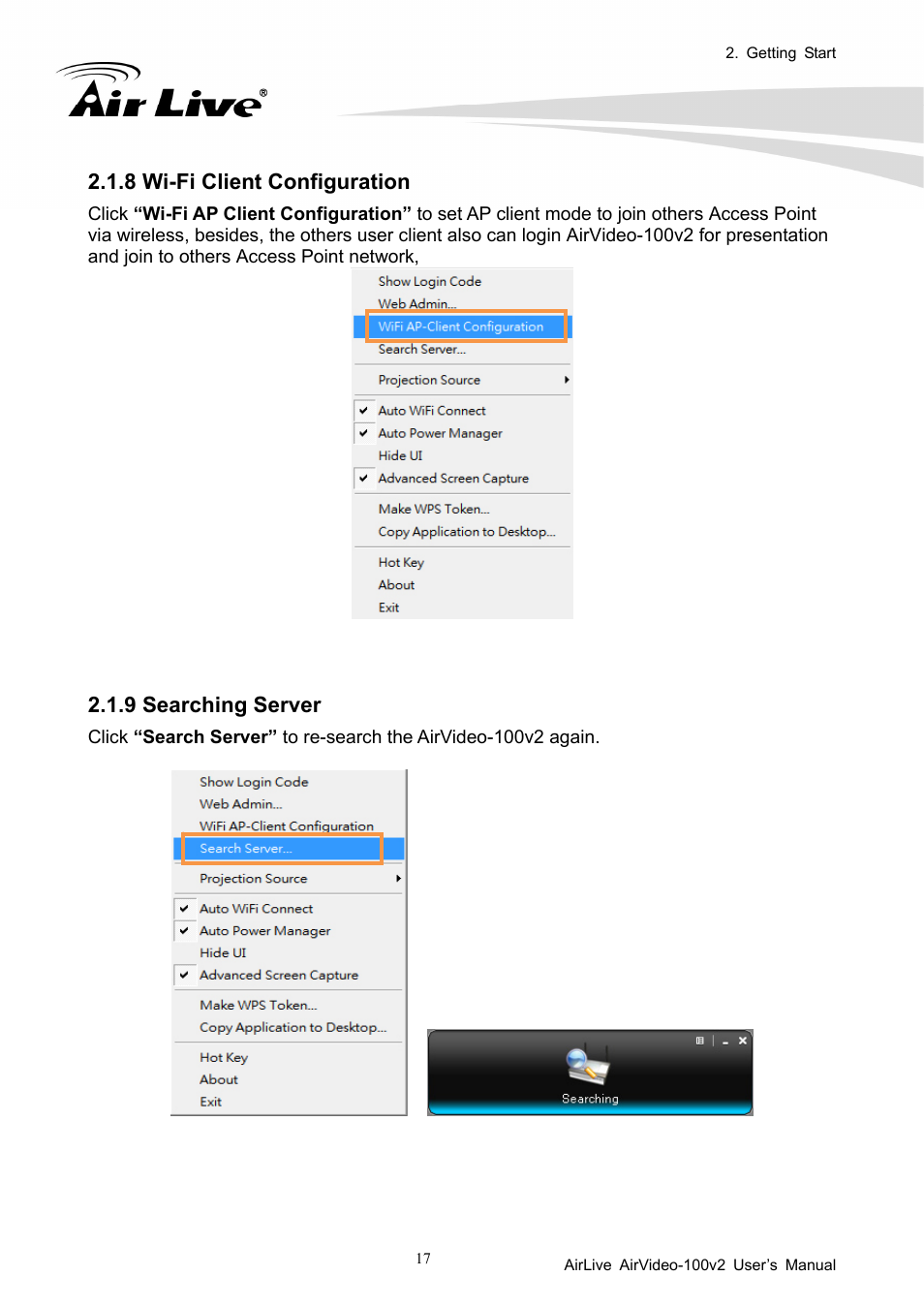 8 wi-fi client configuration, 9 searching server | AirLive AirVideo-100v2 User Manual | Page 22 / 63