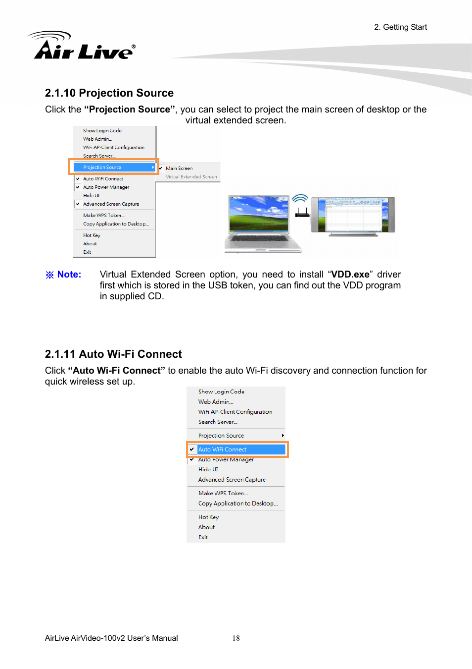 10 projection source, 11 auto wi-fi connect | AirLive AirVideo-100v2 User Manual | Page 23 / 63