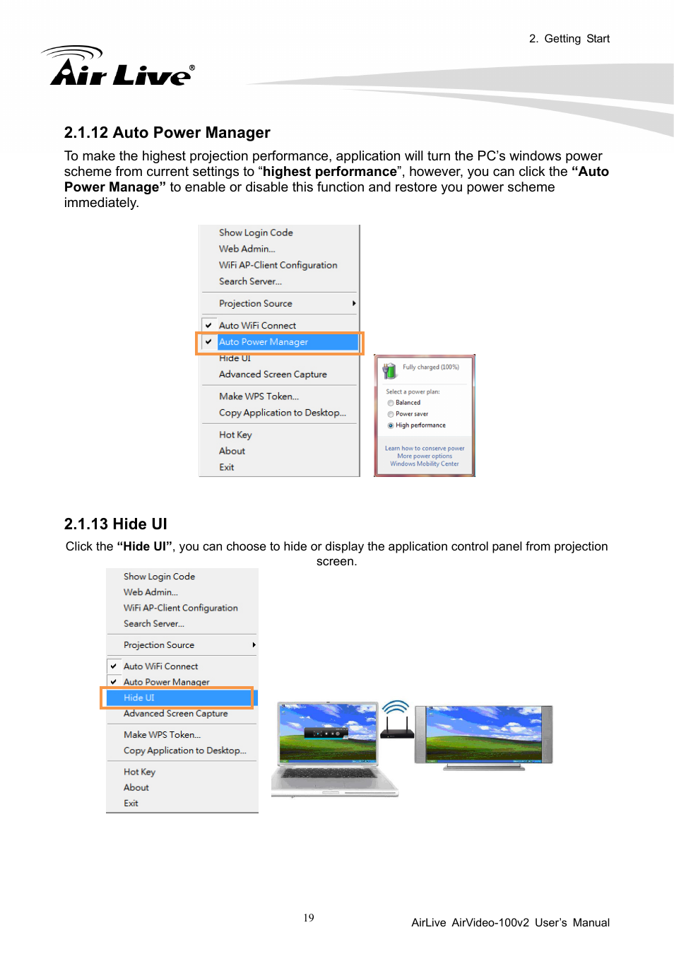 12 auto power manager, 13 hide ui | AirLive AirVideo-100v2 User Manual | Page 24 / 63