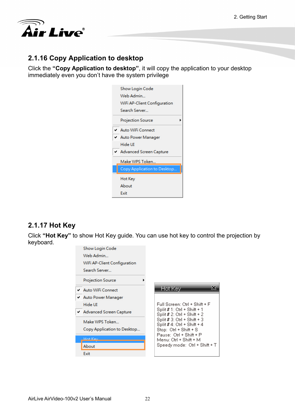 16 copy application to desktop, 17 hot key | AirLive AirVideo-100v2 User Manual | Page 27 / 63