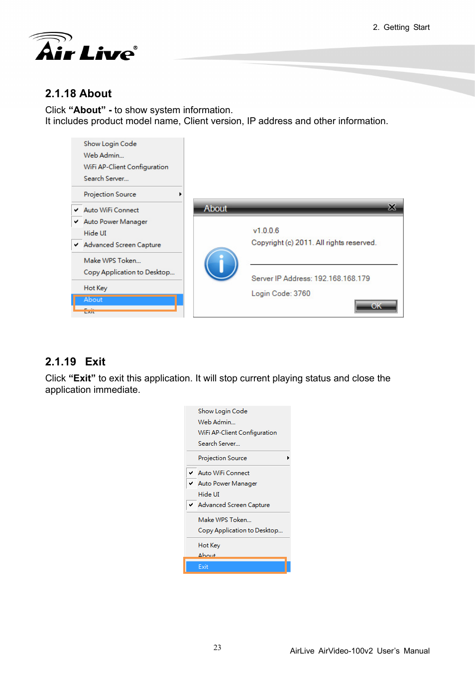 18 about, 19 exit | AirLive AirVideo-100v2 User Manual | Page 28 / 63