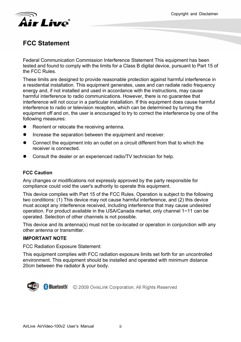 Fcc statement | AirLive AirVideo-100v2 User Manual | Page 3 / 63