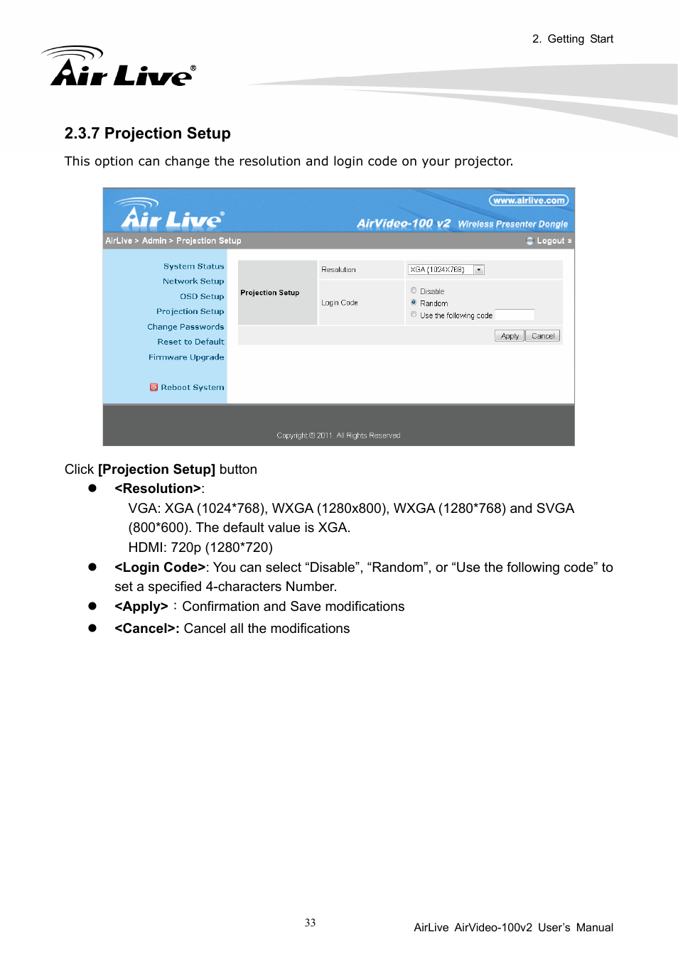 7 projection setup | AirLive AirVideo-100v2 User Manual | Page 38 / 63