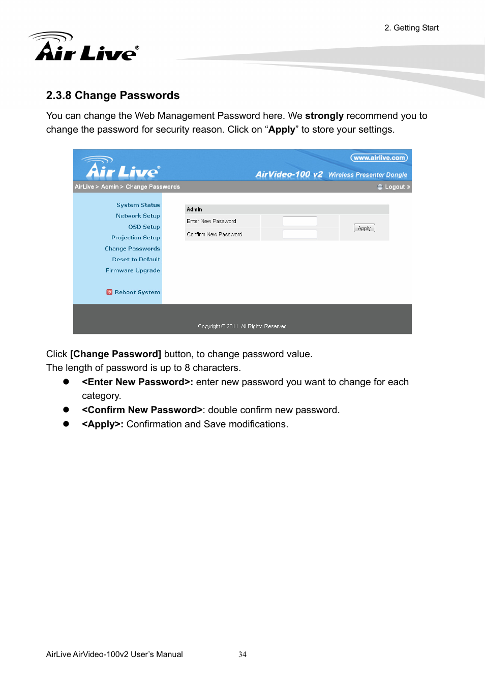 8 change passwords | AirLive AirVideo-100v2 User Manual | Page 39 / 63