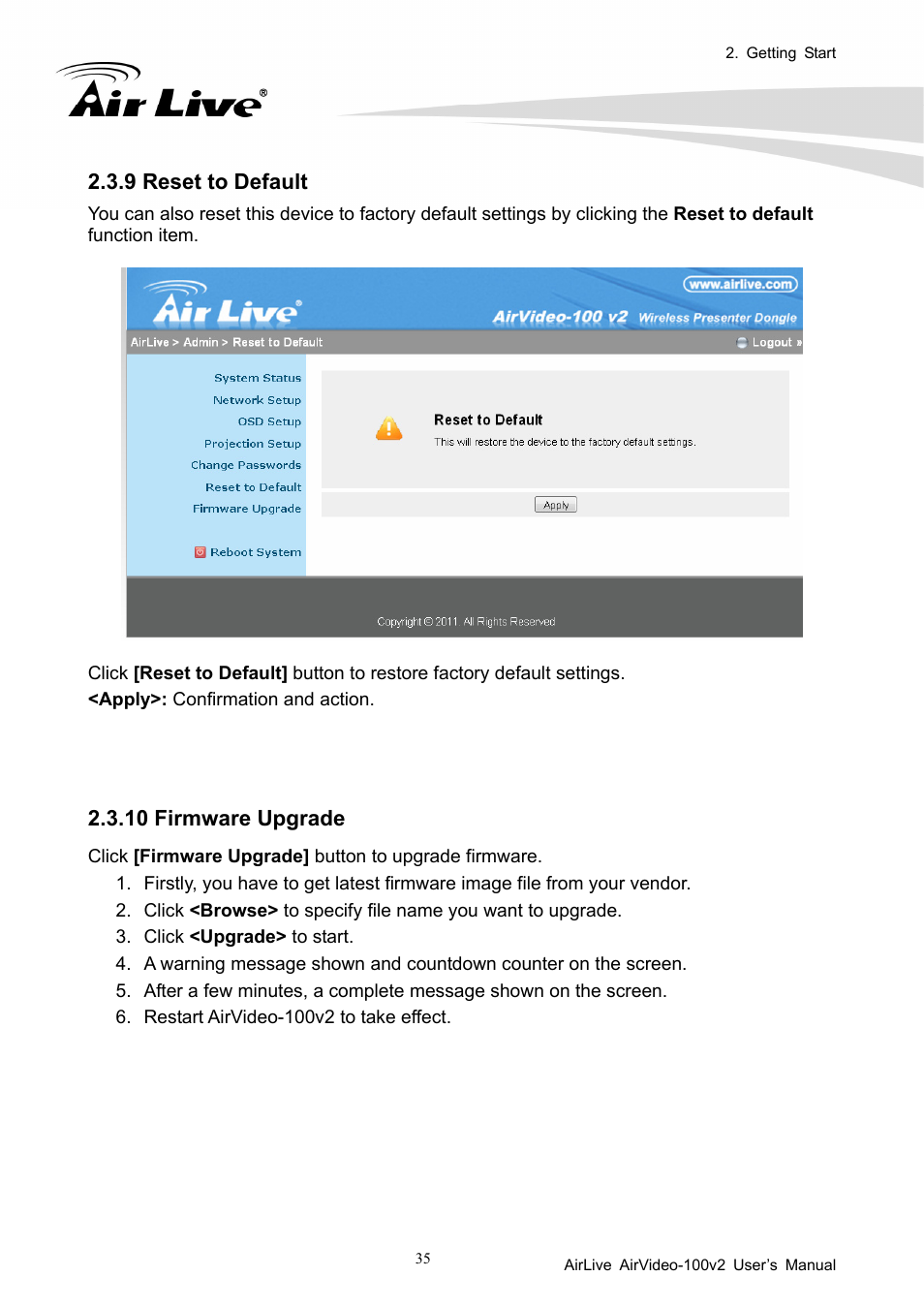 9 reset to default, 10 firmware upgrade | AirLive AirVideo-100v2 User Manual | Page 40 / 63