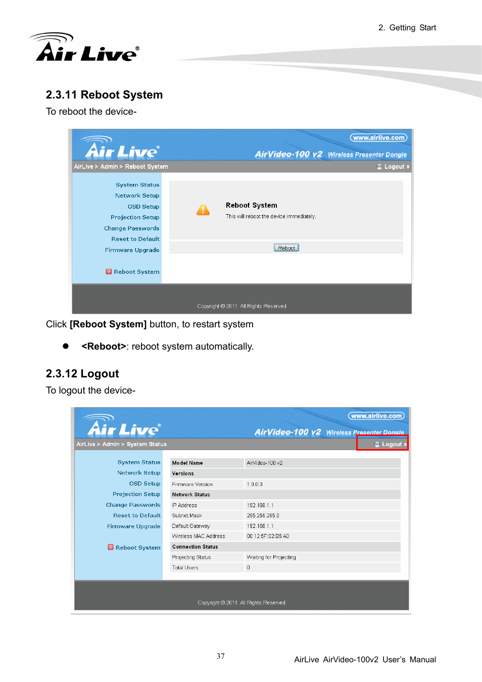 11 reboot system, 12 logout | AirLive AirVideo-100v2 User Manual | Page 42 / 63