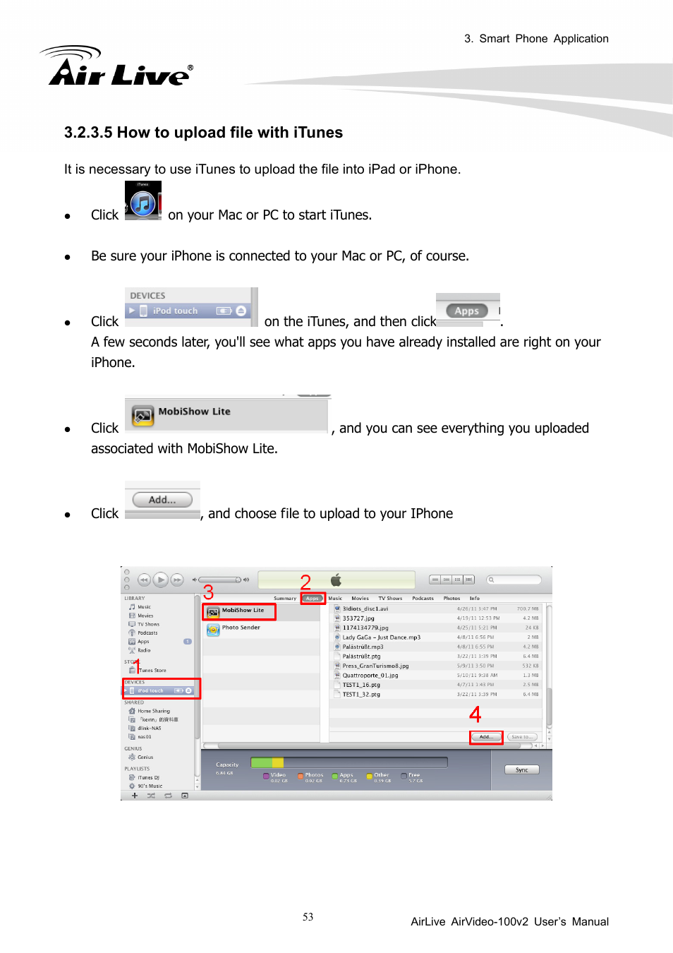 5 how to upload file with itunes | AirLive AirVideo-100v2 User Manual | Page 58 / 63