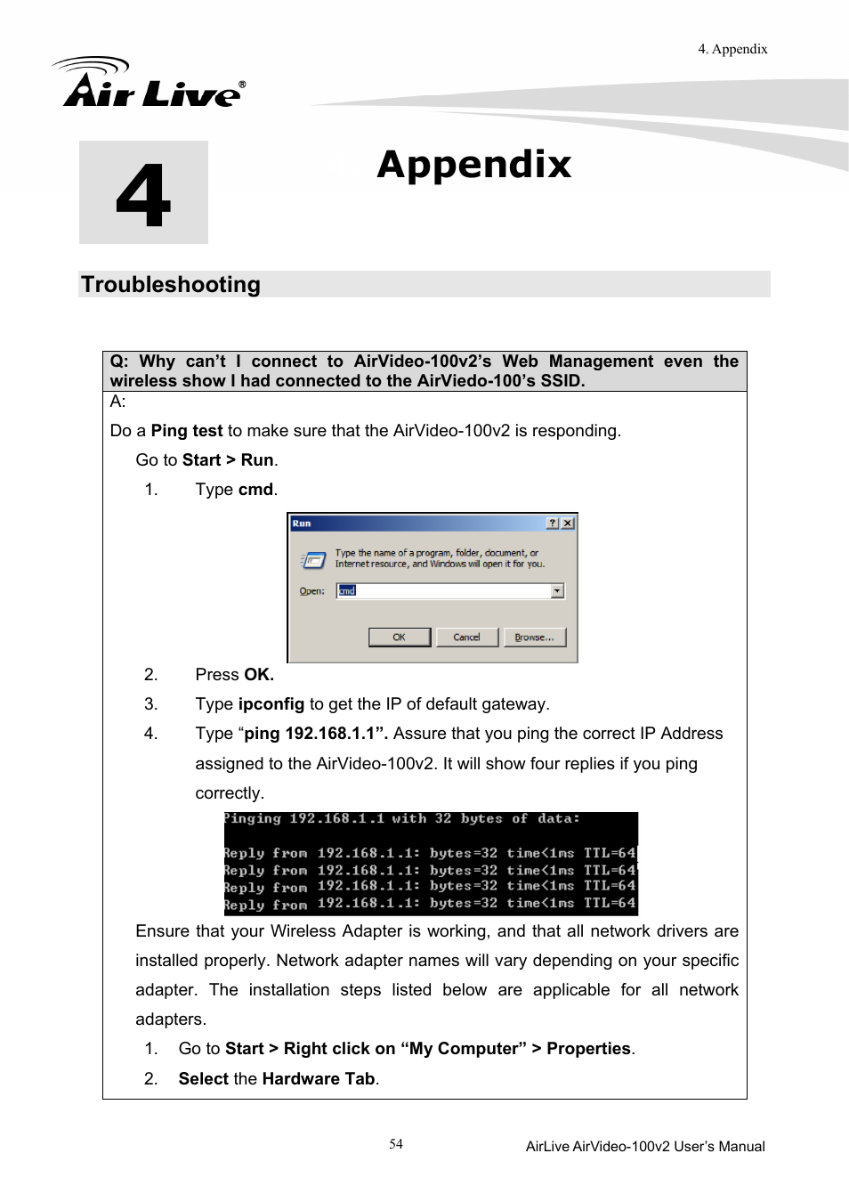 Appendix, Troubleshooting | AirLive AirVideo-100v2 User Manual | Page 59 / 63