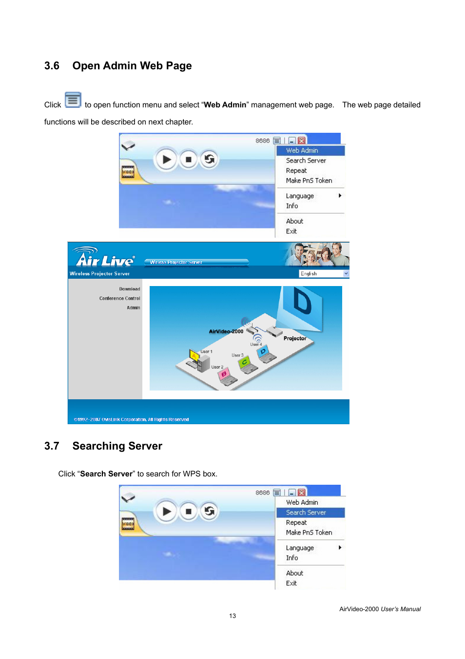7 searching server, 6 open admin web page | AirLive AirVideo-2000 User Manual | Page 16 / 31