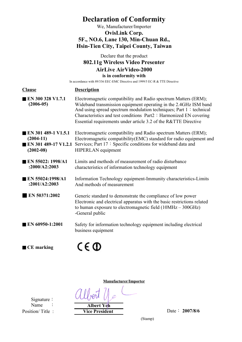 Sheet1, Declaration of conformity | AirLive AirVideo-2000 User Manual | Page 2 / 31