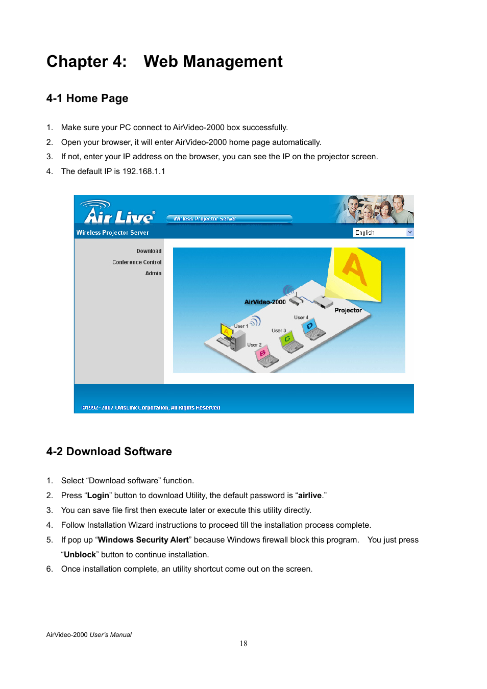 Chapter 4: web management, 2 download software, 1 home page | AirLive AirVideo-2000 User Manual | Page 21 / 31