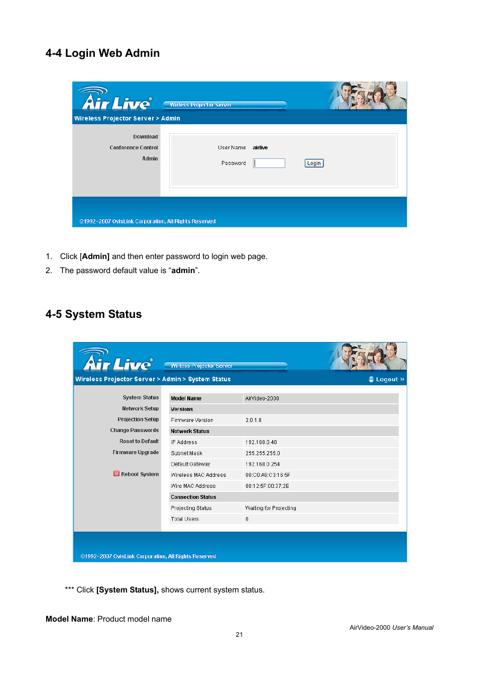 4 login web admin, 5 system status | AirLive AirVideo-2000 User Manual | Page 24 / 31