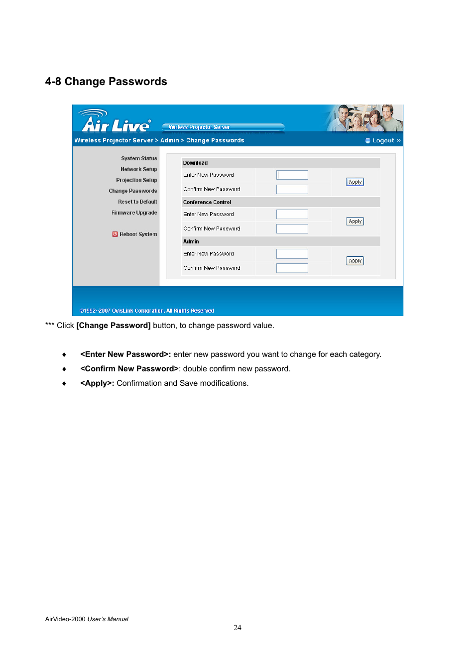 8 change passwords | AirLive AirVideo-2000 User Manual | Page 27 / 31