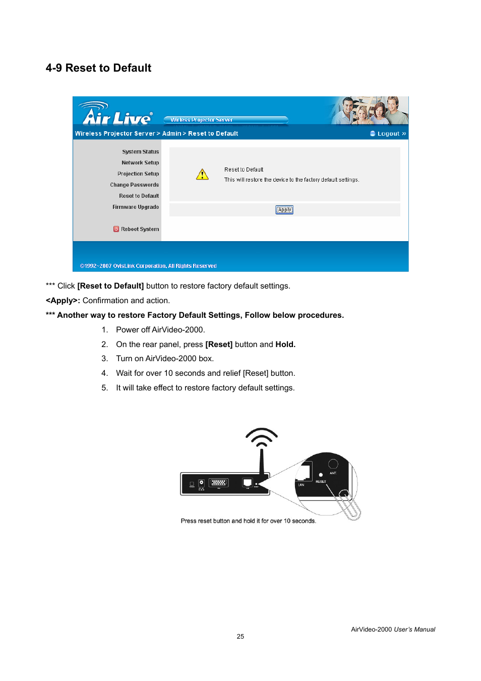 9 reset to default, 10 firmware upgrade | AirLive AirVideo-2000 User Manual | Page 28 / 31