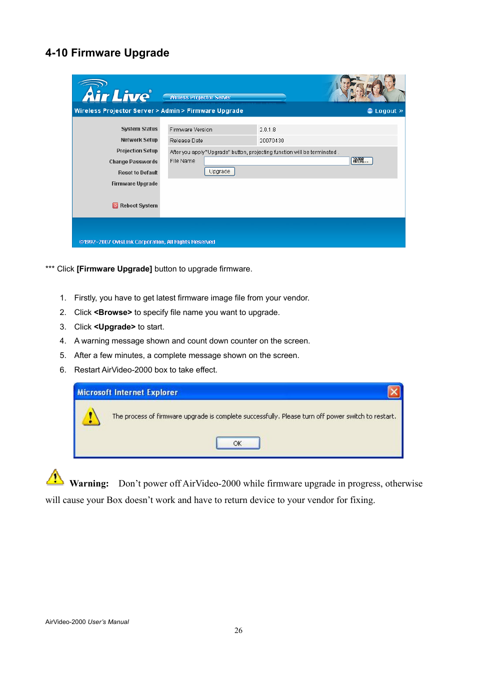 10 firmware upgrade | AirLive AirVideo-2000 User Manual | Page 29 / 31
