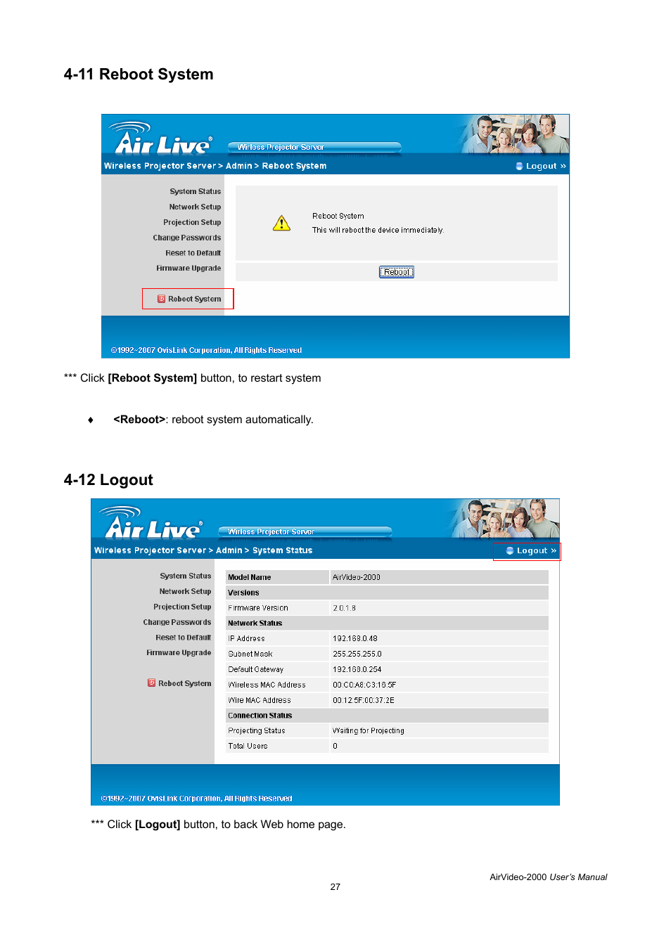 12 logout, 11 reboot system, Chapter 5: appendix | AirLive AirVideo-2000 User Manual | Page 30 / 31