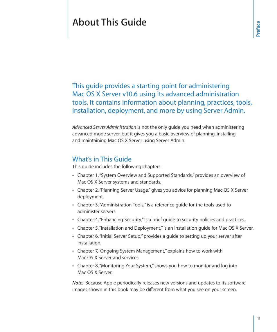 Preface: about this guide, What’s in this guide, About this guide | Apple Mac OS X Server (Version 10.6 Snow Leopard) User Manual | Page 11 / 197