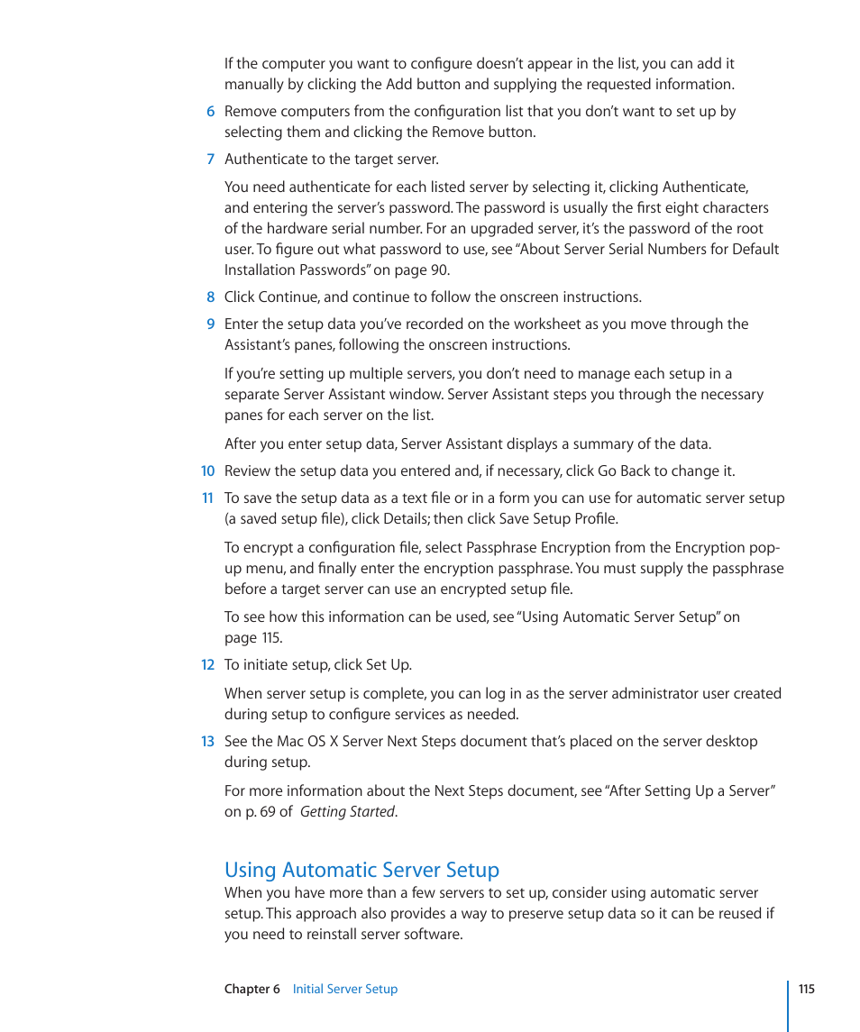 Using automatic server setup, 115 using automatic server setup, 115 and | Apple Mac OS X Server (Version 10.6 Snow Leopard) User Manual | Page 115 / 197