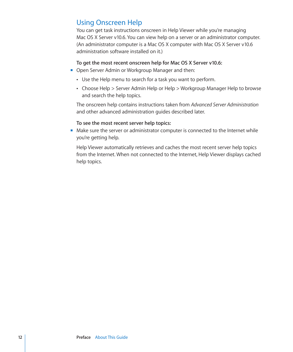 Using onscreen help | Apple Mac OS X Server (Version 10.6 Snow Leopard) User Manual | Page 12 / 197