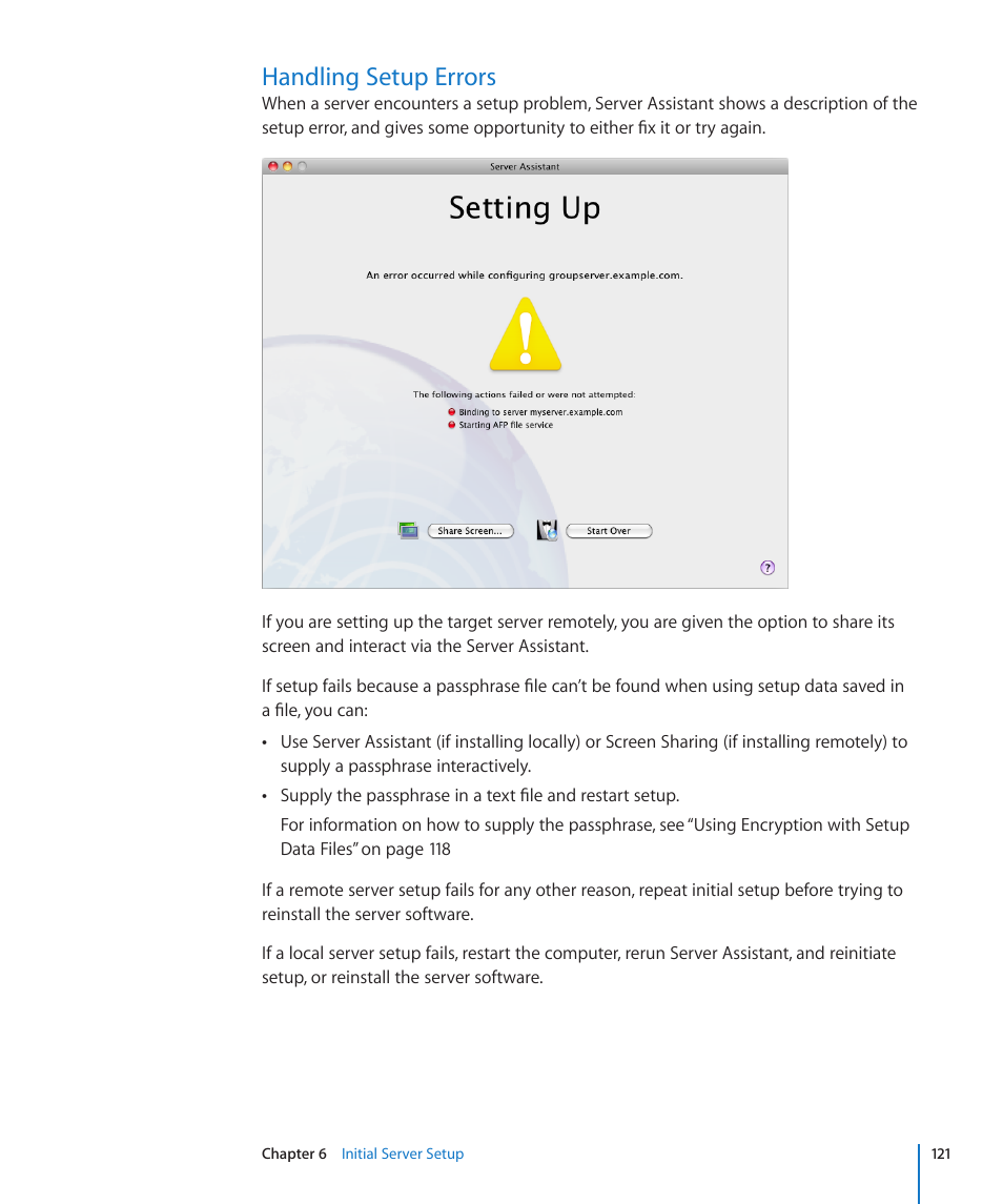 Handling setup errors, 121 handling setup errors | Apple Mac OS X Server (Version 10.6 Snow Leopard) User Manual | Page 121 / 197