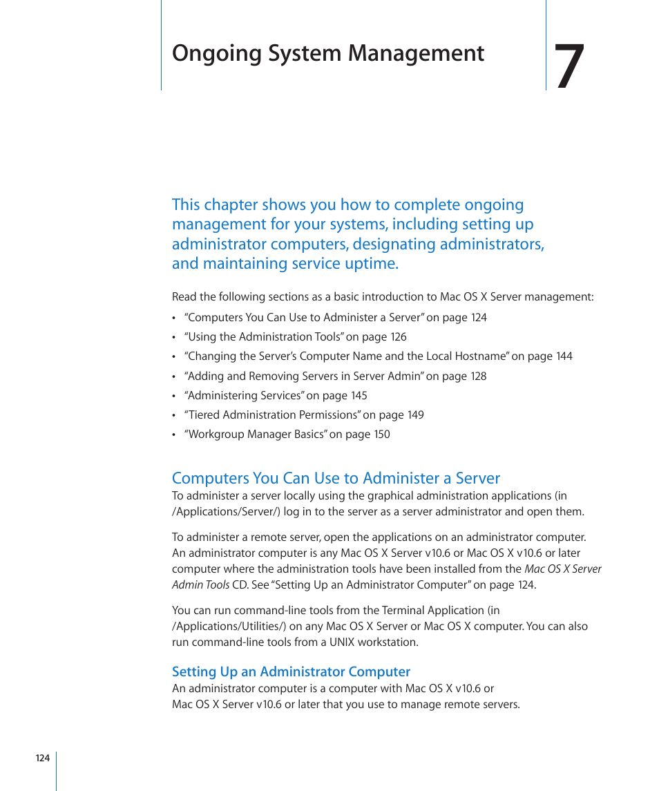 Chapter 7: ongoing system management, Computers you can use to administer a server, Setting up an administrator computer | Chapter 7: ongoing system management, Ongoing system management | Apple Mac OS X Server (Version 10.6 Snow Leopard) User Manual | Page 124 / 197