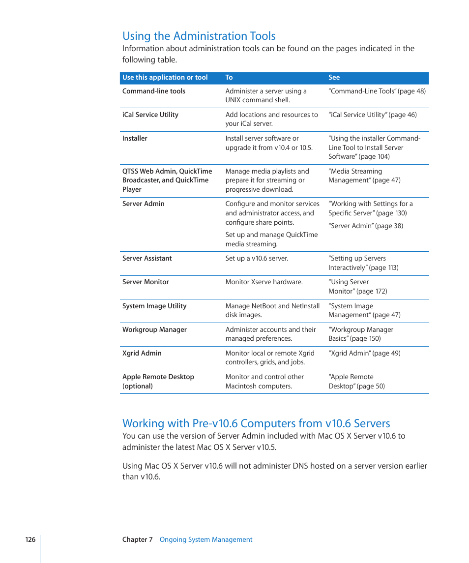Using the administration tools | Apple Mac OS X Server (Version 10.6 Snow Leopard) User Manual | Page 126 / 197