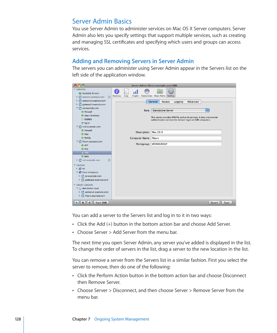 Server admin basics, Adding and removing servers in server admin, 128 server admin basics 128 | Adding and removing servers in, Server admin | Apple Mac OS X Server (Version 10.6 Snow Leopard) User Manual | Page 128 / 197