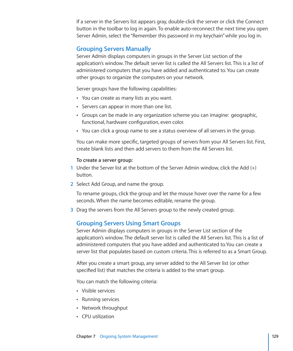 Grouping servers manually, Grouping servers using smart groups | Apple Mac OS X Server (Version 10.6 Snow Leopard) User Manual | Page 129 / 197