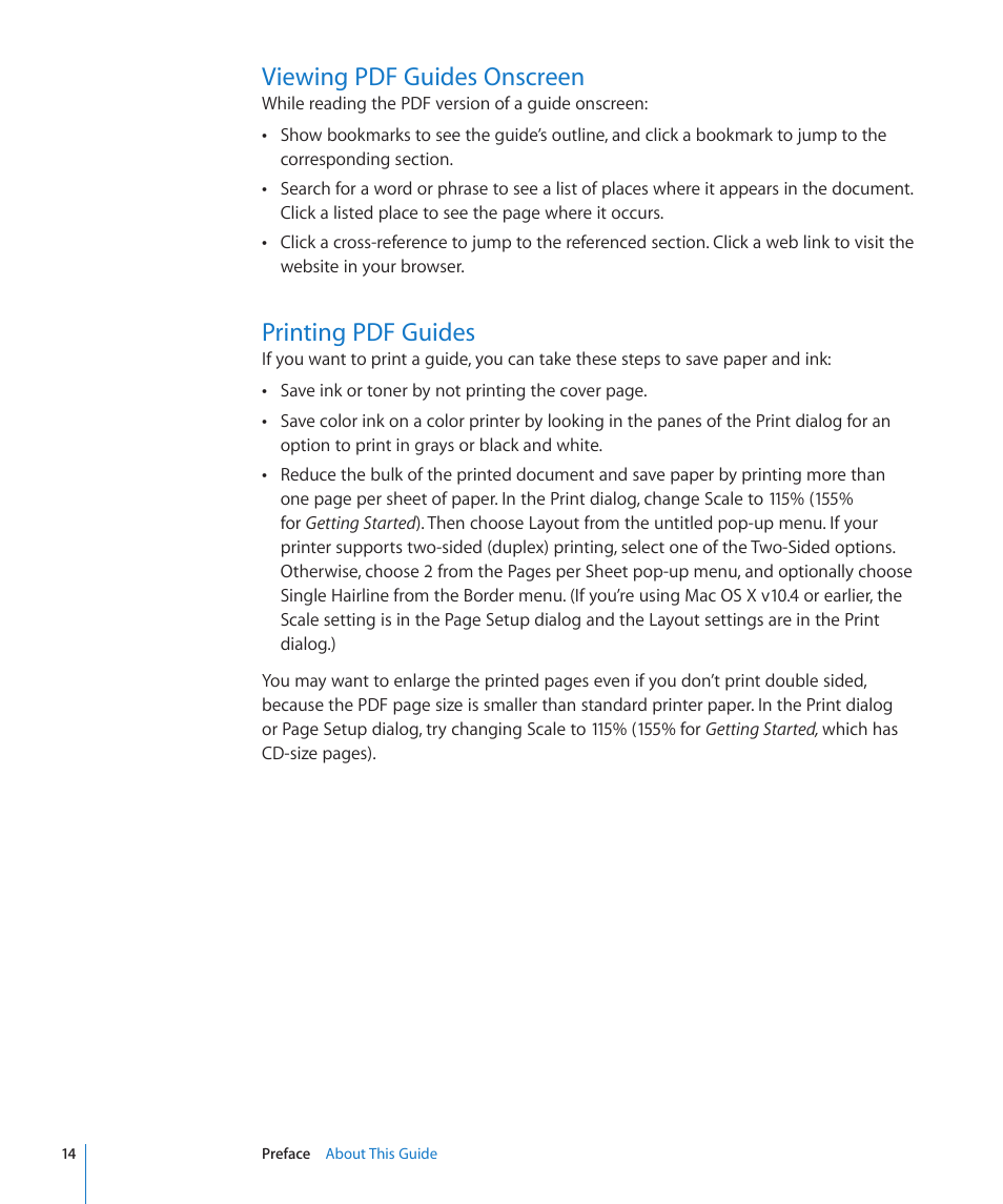 Viewing pdf guides onscreen, Printing pdf guides | Apple Mac OS X Server (Version 10.6 Snow Leopard) User Manual | Page 14 / 197